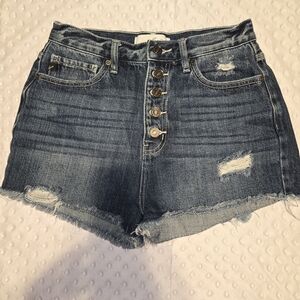Womens Blue Jeans Shorts Kancan Dark Denim Cut Off High‎ Waist Button Fly Size M